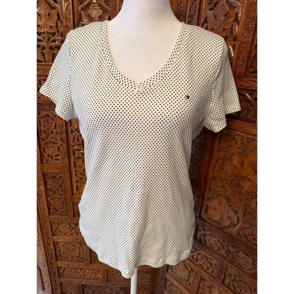 Tommy Hilfiger Sweaters - Tommy Hilfiger Womens White Black Polka Dot V-Neck Cotton T-Shirt Size Large